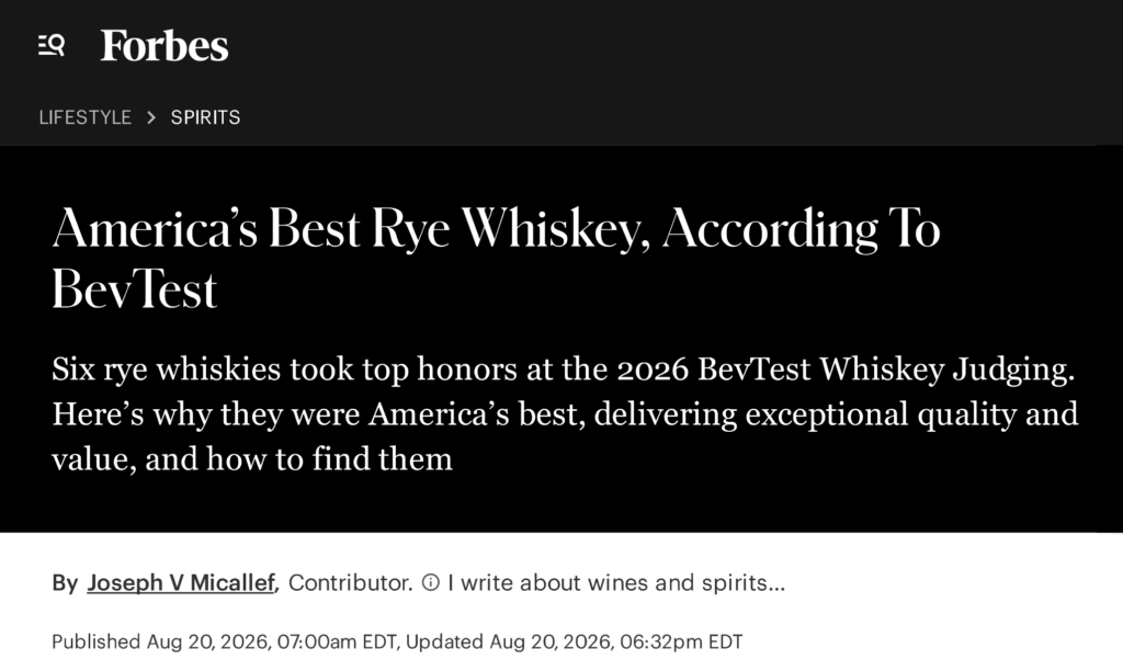 Forbes America's Best Rye Whiskey, According to BevTest
